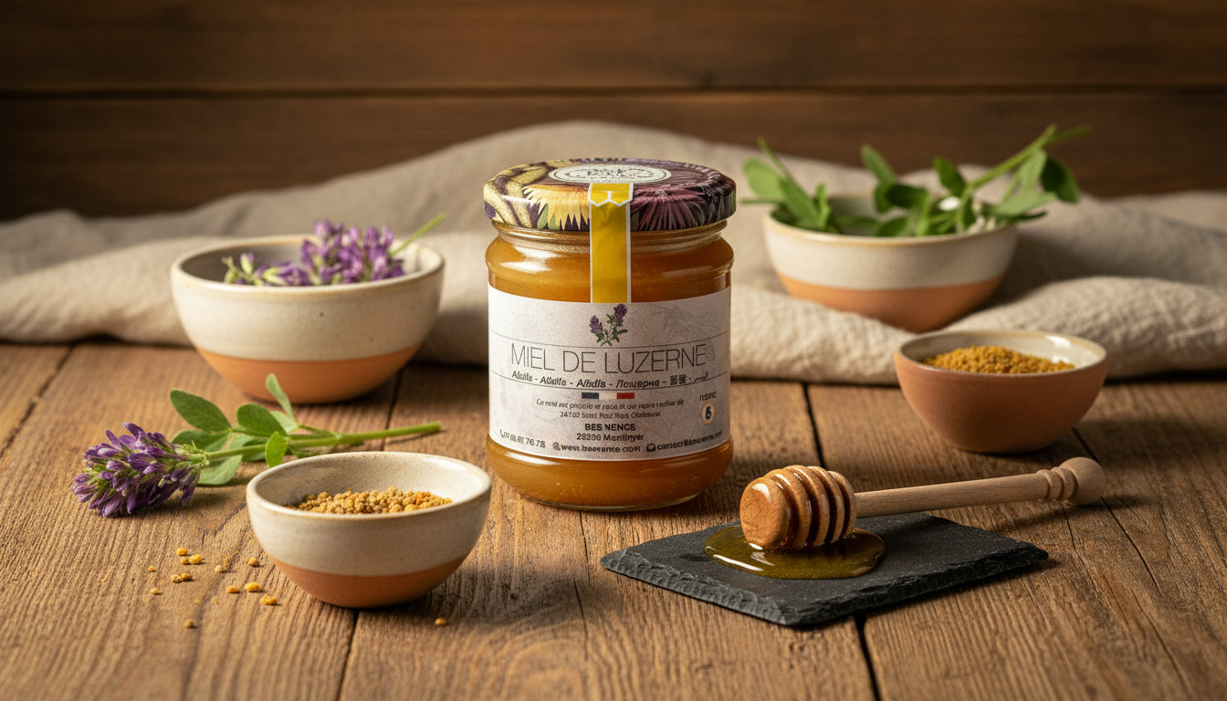 Miel de Luzerne : Un Nectar Doux et Lumineux aux Saveurs Champêtres